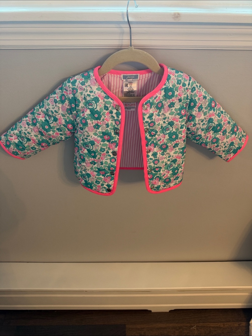 Jacadi Quilted Floral Jacket in White with Green and Pink Trim